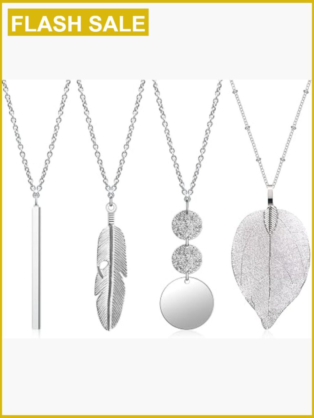 4 Pcs Long Pendant Necklace Set - Bar Feather Circle Leaf Tassel Y-Necklace